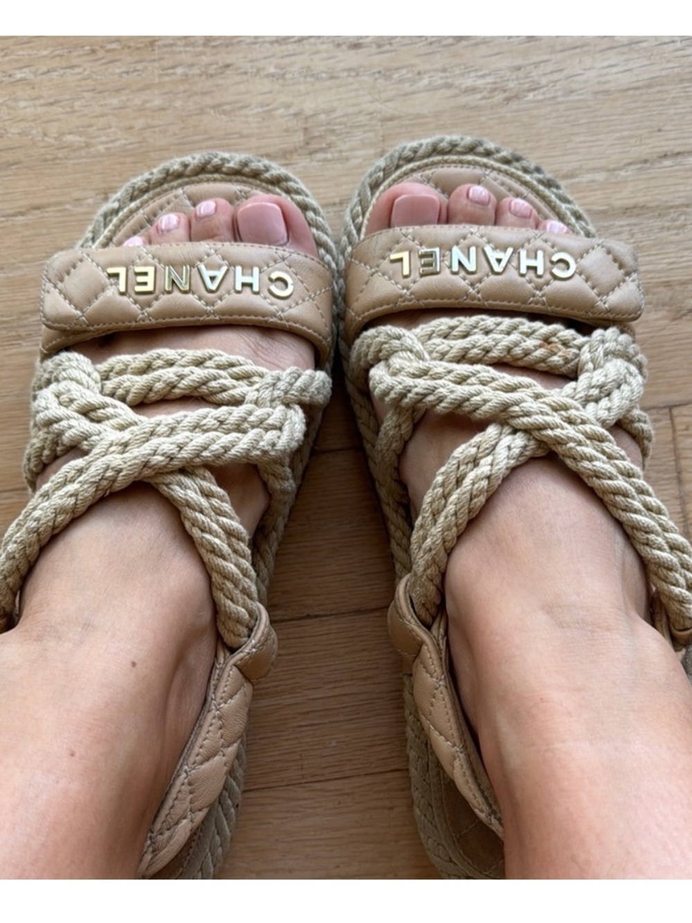Chanel beige leather and rope quilted logo sandals.